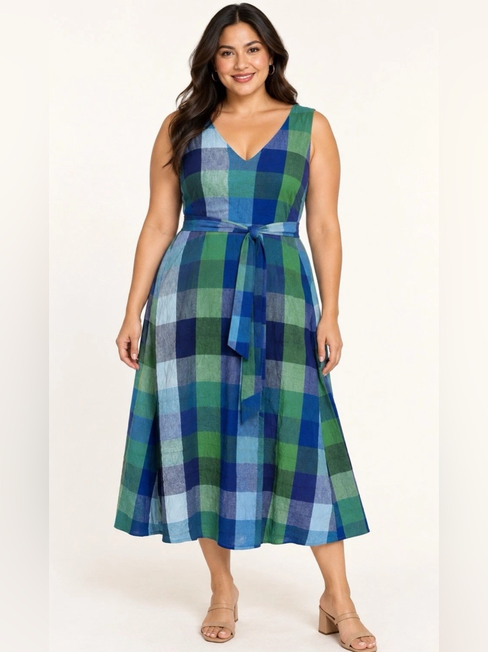 Isaac Mizrahi Madras Plaid Midi Dress Blue Green , Size: Large,    A692509